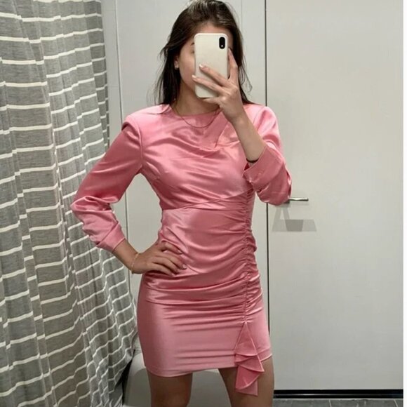 Cinq a Sept Barbie Pink Ruched Satin Mini Cocktail Dress - Picture 2 of 6